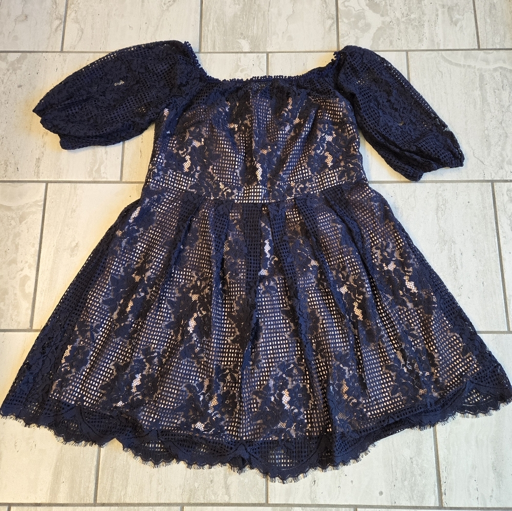 Chelsea28 Floral Lace Off the Shoulder Dress Navy Blush Plus Size 18